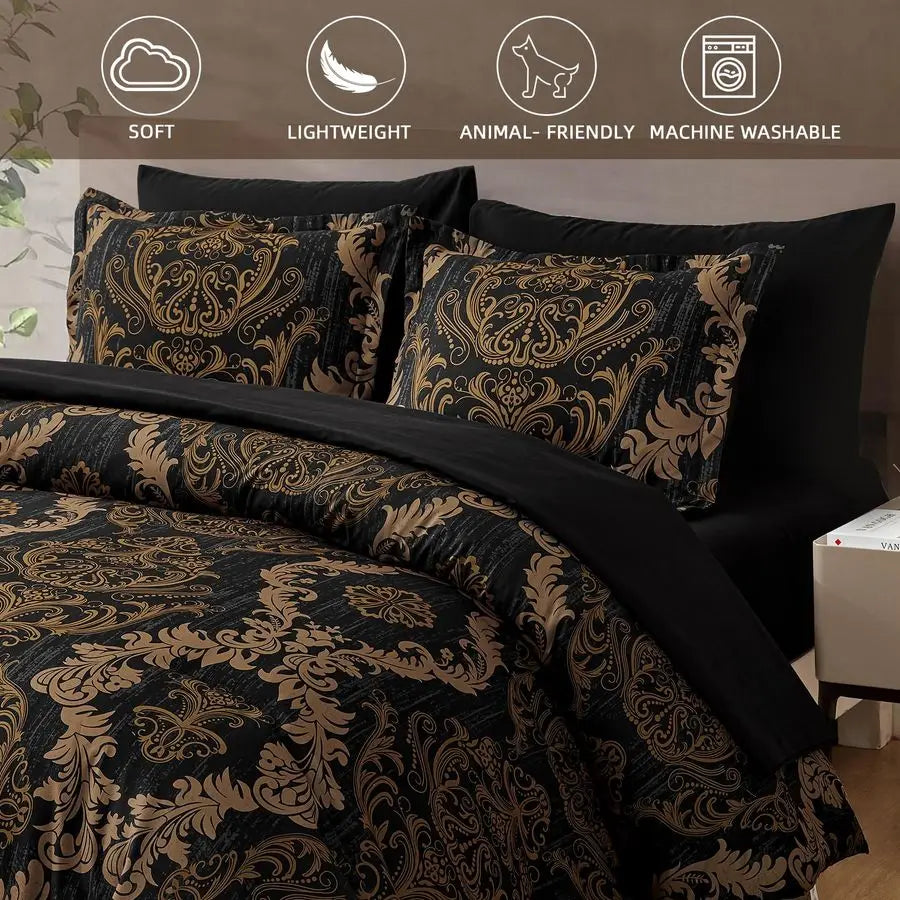 Black King Size Comforter Set Gold Damask Microfiber Bed in a Bag 7 Pieces