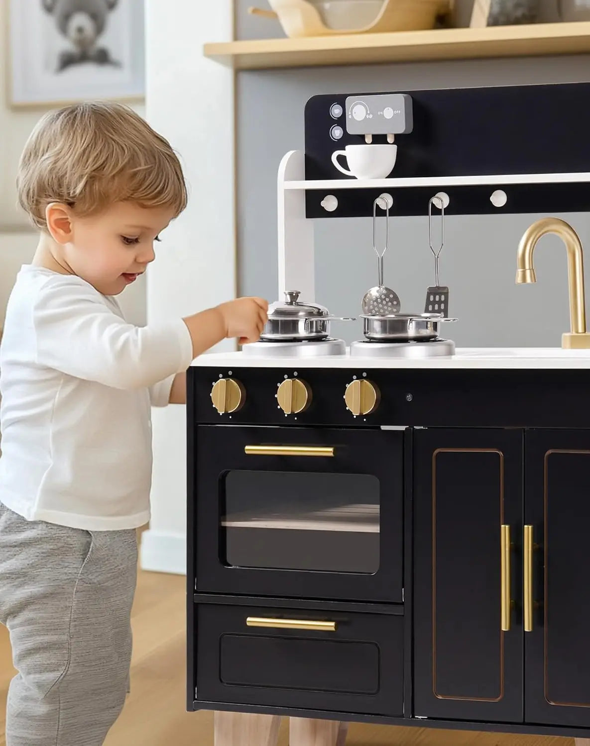 Robotime Play Kitchen Wooden Kids Toddler Kitchen Pretend Play with Marble-Style Countertop Modern Toy Kitchen for Girls Boys
