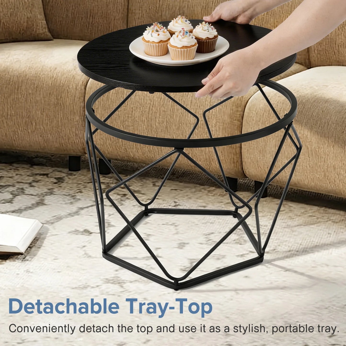 20 Inch Round Geometric Metal Coffee Table Set Of 2 Nesting Side Tables
