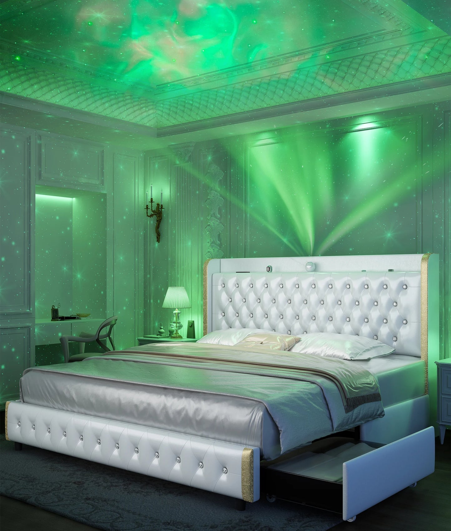 GEGOFORU Queen LED Bed Frame Galaxy Projector USB Ports 4 Drawers