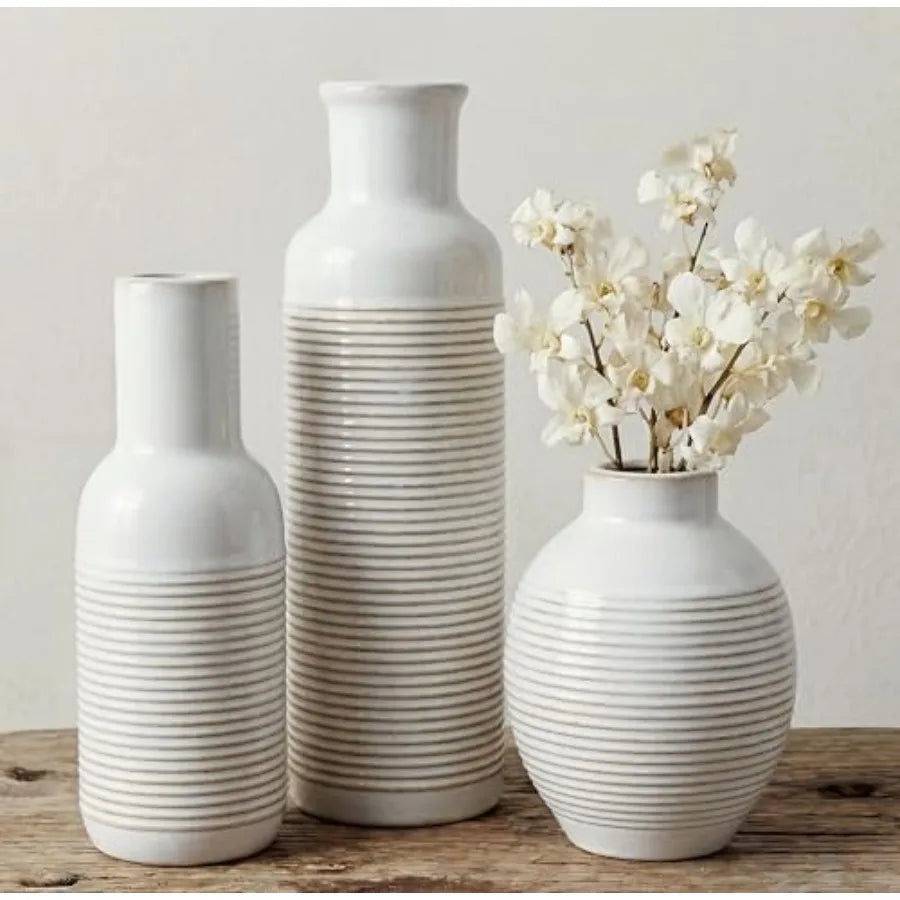 Rustic Farmhouse Ceramic Vase Set Of 3 For Centerpieces Home Decor