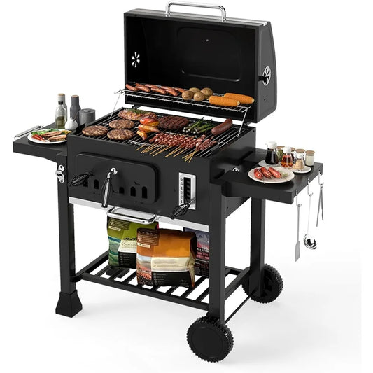 Adjustable Charcoal Grill With Thermometer And Side Tables