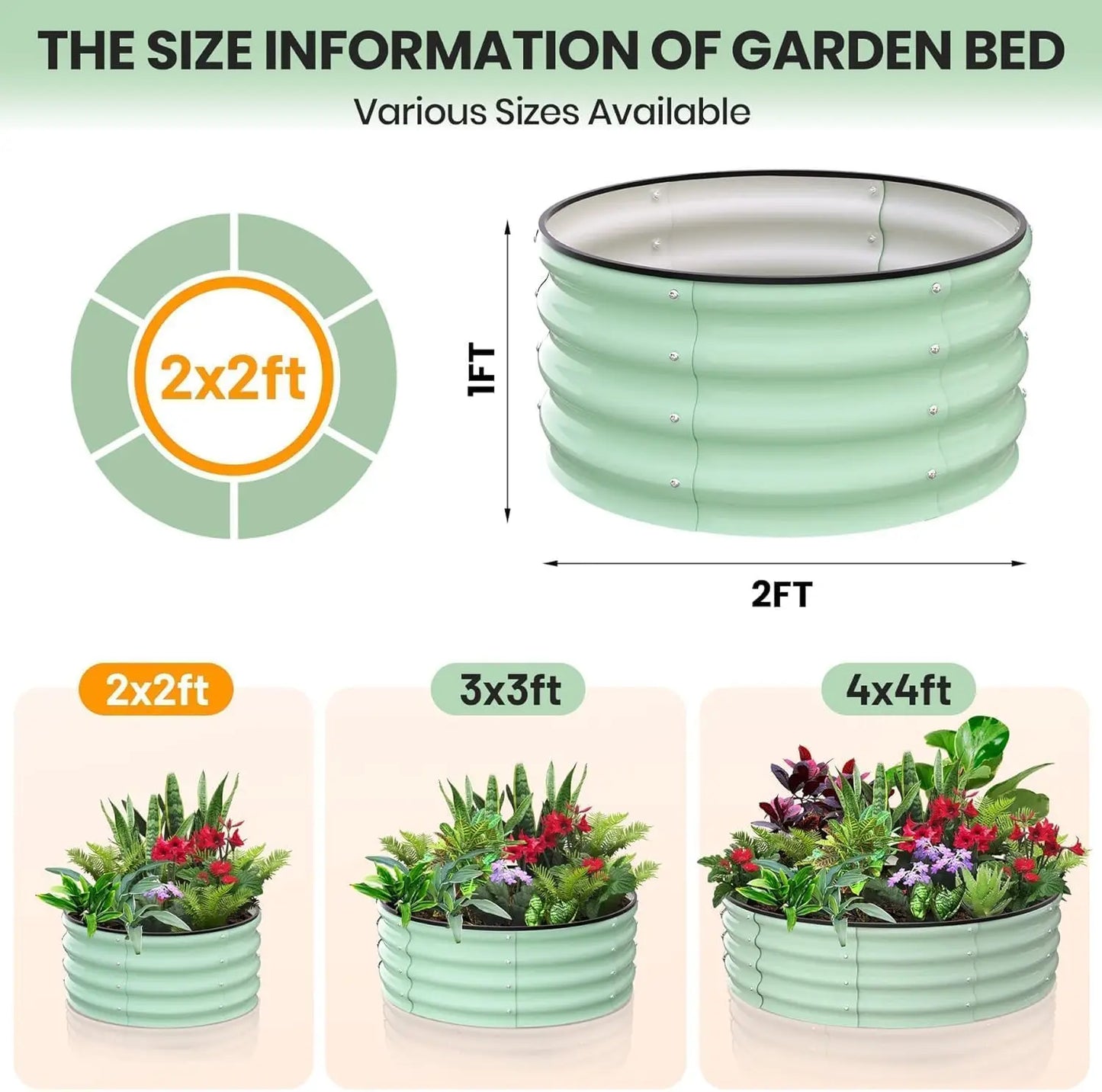 Tacleekii 2Pcs, 2x2x1 FT Round Raised Garden Bed, Galvanized Garden Beds, Metal Planter with Gloves and Rubber Edge Trim, for Vegetables, Flowers and Herbs