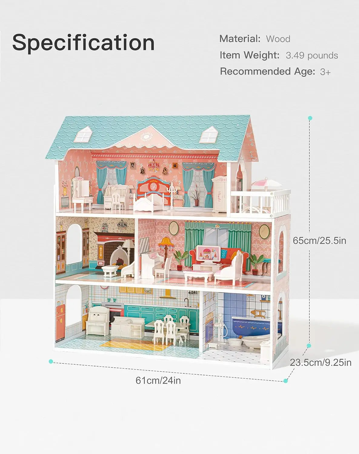 Robotime Robud Lady Wooden Dollhouse 3 Story with Balcony 28 Accessories Toy Gift for 3+Years Kid Girls