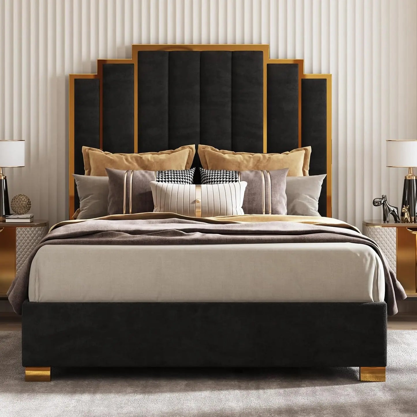 Cream Velvet Upholstered Bed Frame With Tall Gold Trim Headboard No Box Spring