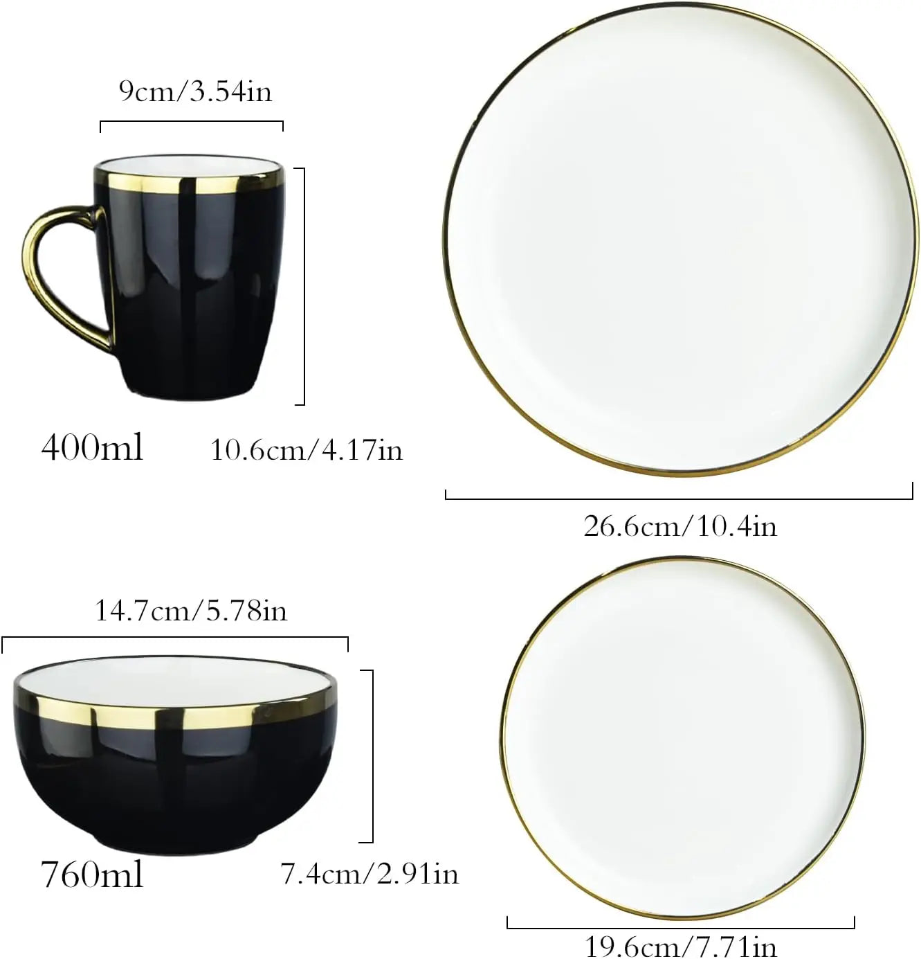 Black Ceramic Dinnerware Set For 4, 16-Piece With Gold Rim Crack Resistant