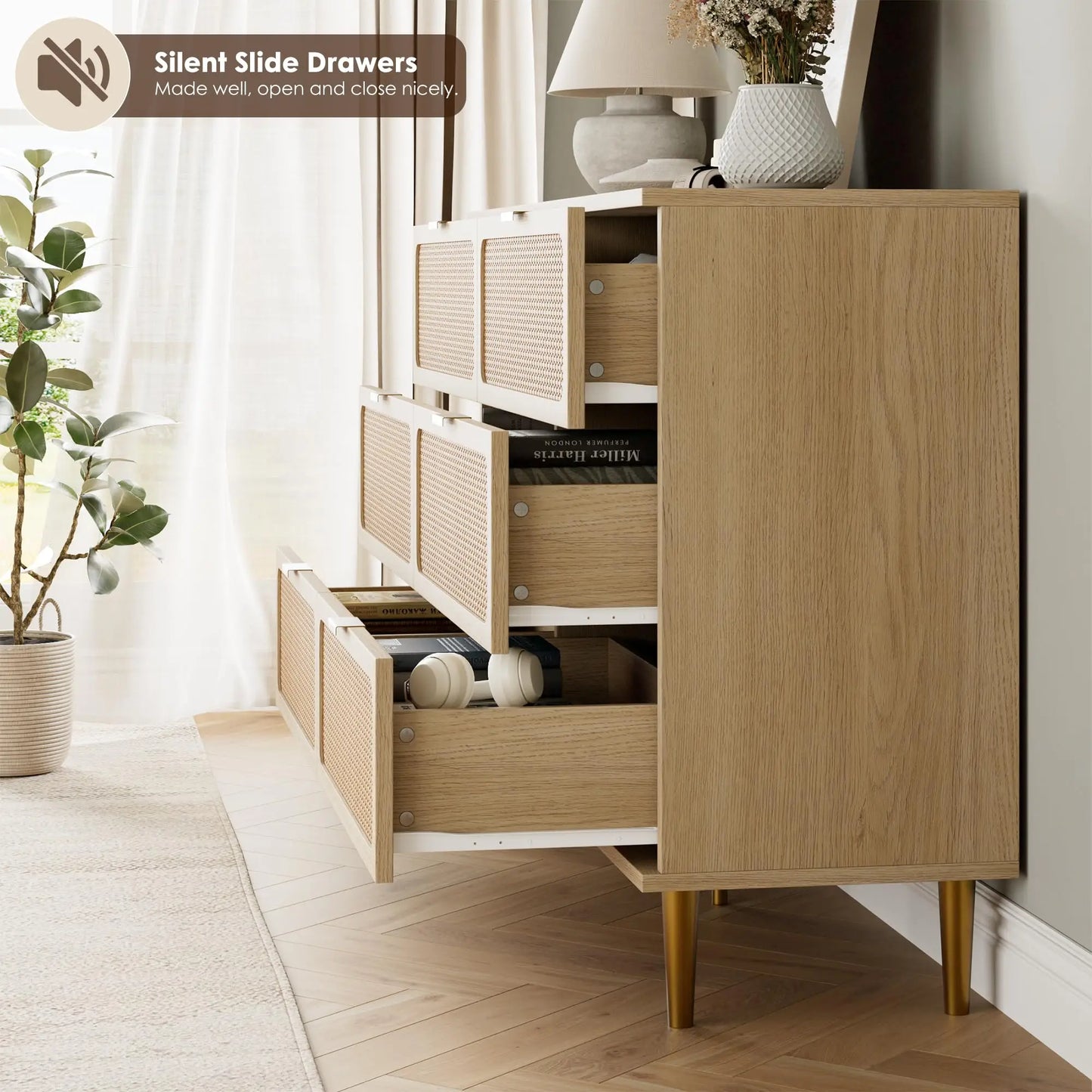 6 Drawer Rattan Dresser Natural Handwoven Rattan Wood For Bedroom Living Room