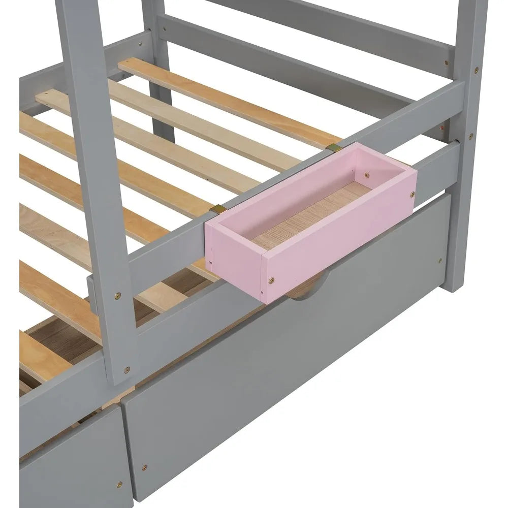 Twin Over Twin Bunk Bed with 2 Drawers, 1 Storage Box, 1 Shelf, Window and Roof, Wood Playhouse Bed Frame for Kids Boys Girls Te