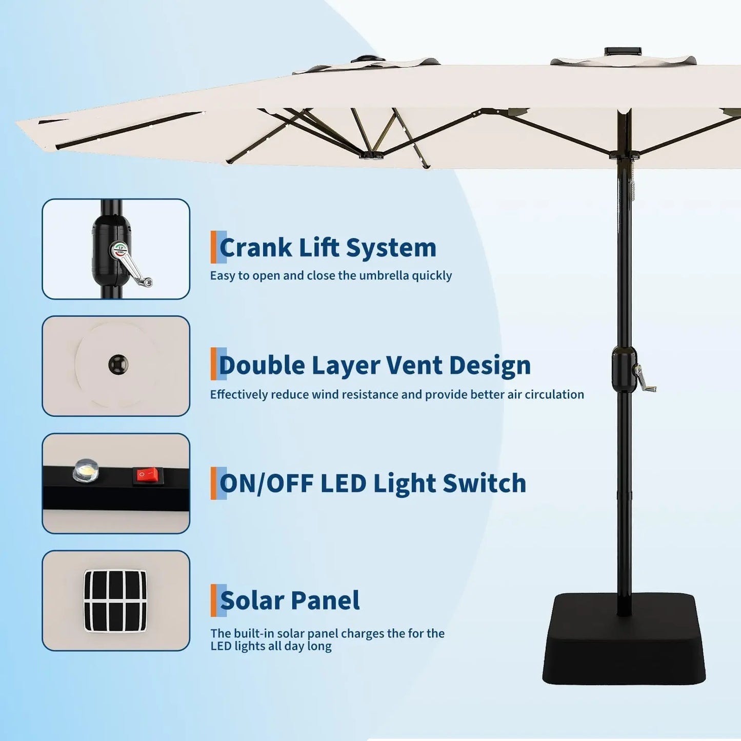 15ft Patio Umbrella With Solar LED Lights Base Included Large Rectangle Shade