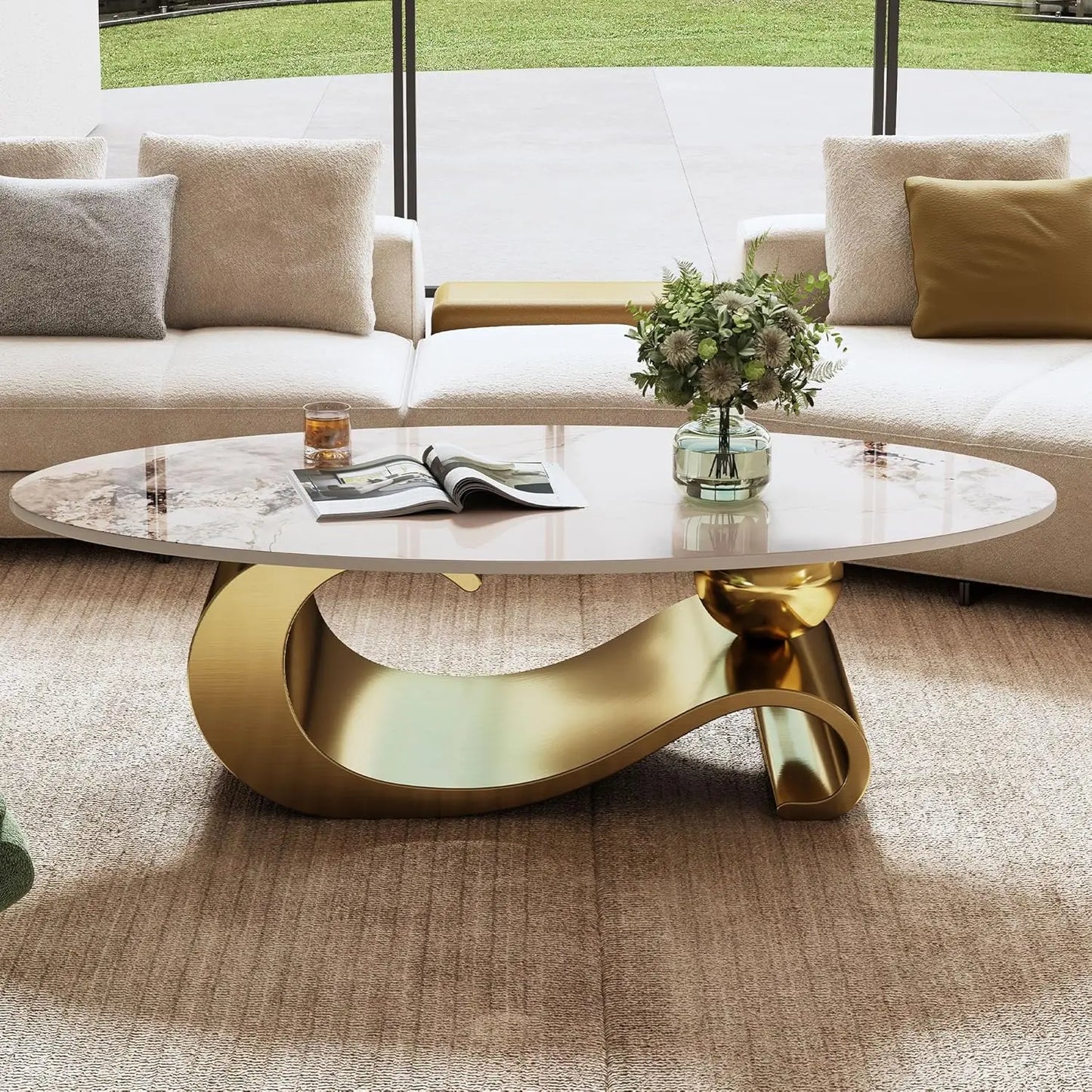 Modern Coffee Table With Silver Stainless Steel Pedestal Faux Marble Top