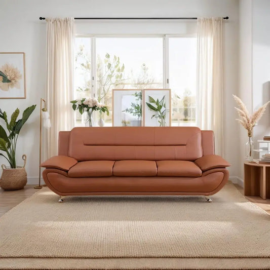 Orange Modern Leather Sofa Set With Pillow Top Armrests 3 Seater