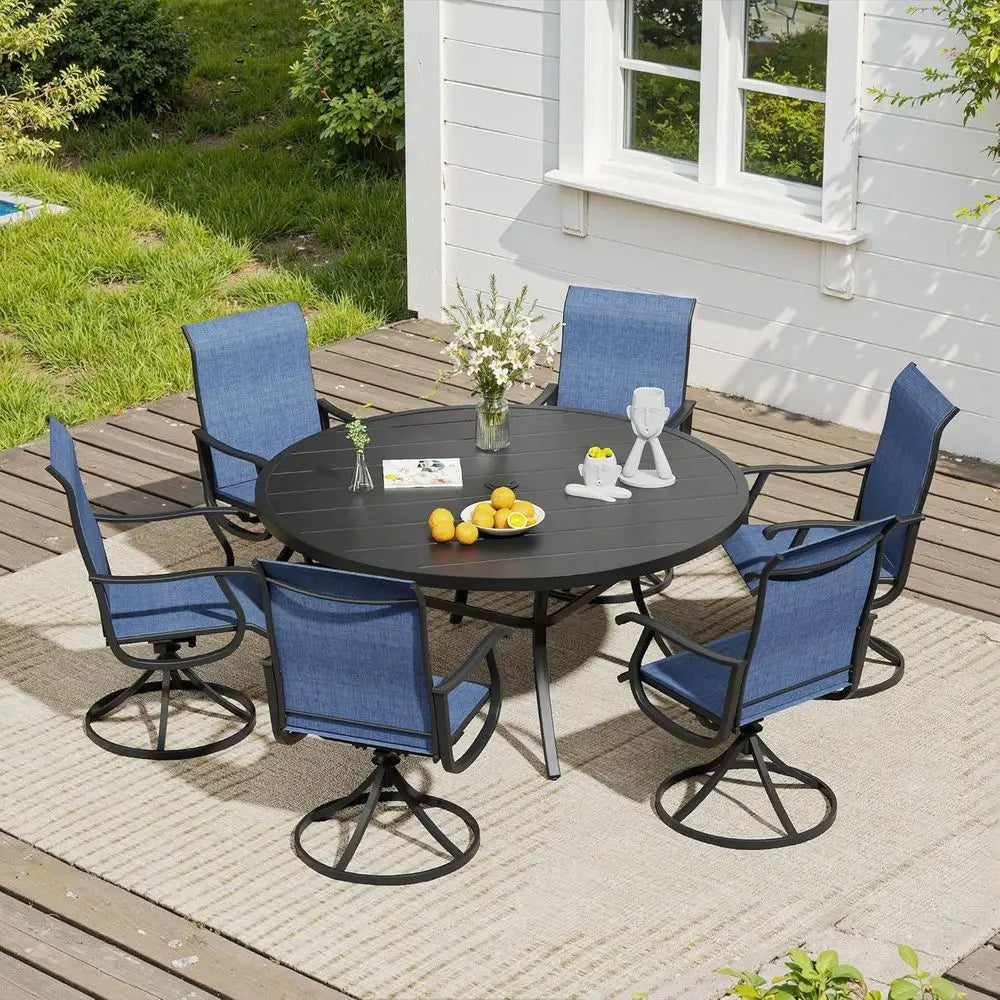 6 Piece Navy Blue Outdoor Swivel Patio Dining Set With 50 Inch Round Black Table