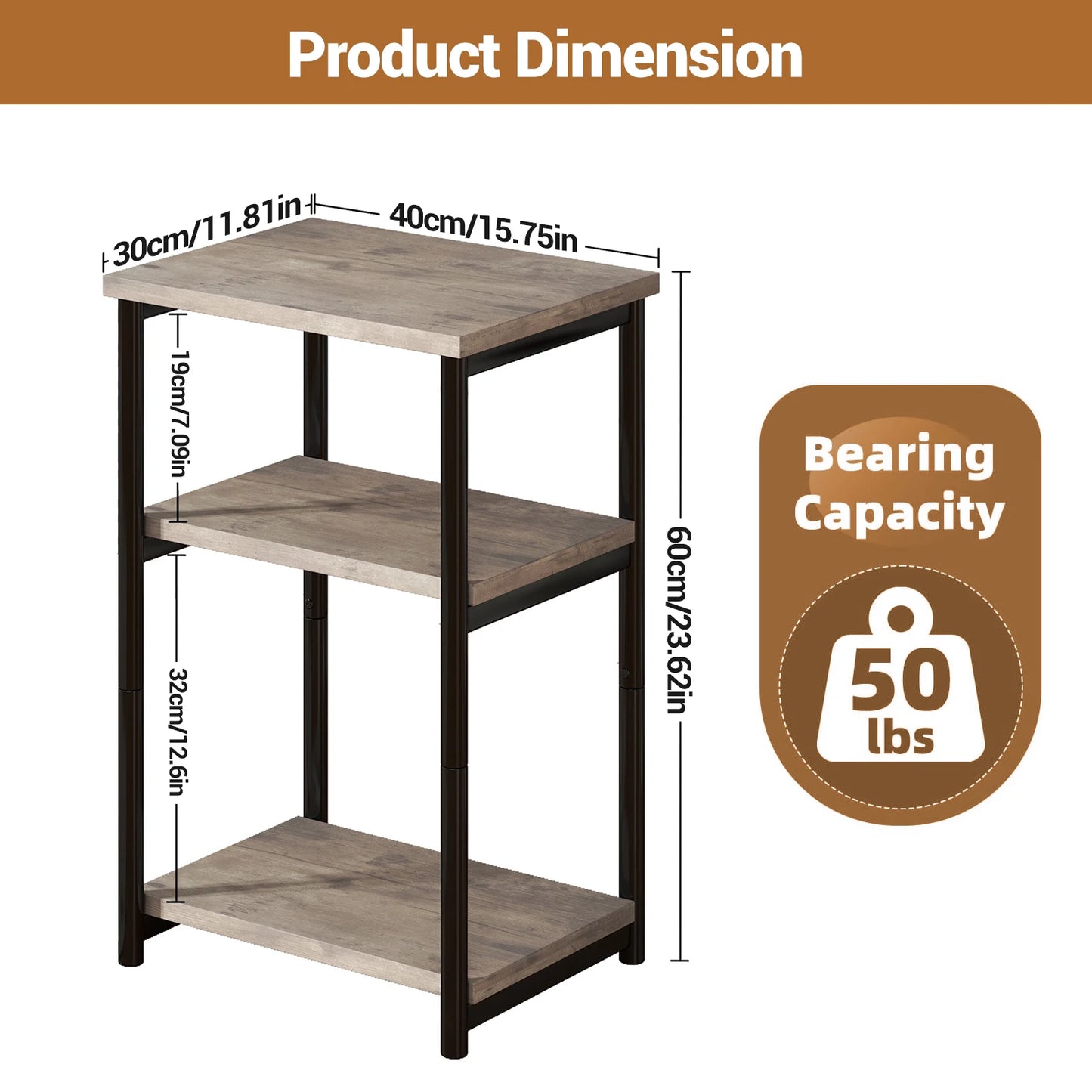 3 Tier End Table With Storage Shelves Rustic Narrow Sofa Side Table Metal Frame