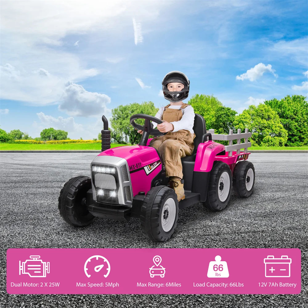 12V Kids Electric Ride On Tractor With Trailer Remote Control For Ages 3 To 8