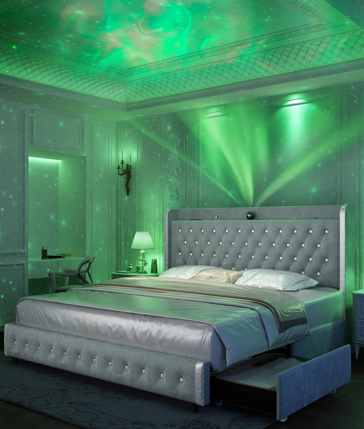 GEGOFORU Queen LED Bed Frame Galaxy Projector USB Ports 4 Drawers