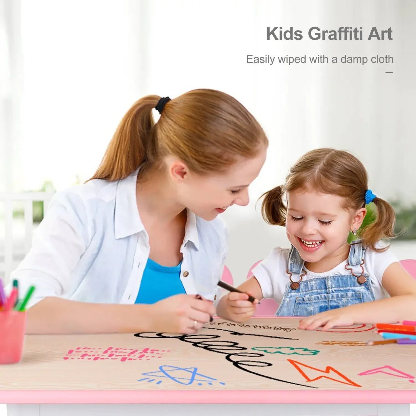 Kids Table And 4 Chairs Set Height Adjustable Graffiti Desktop Non Slip Legs
