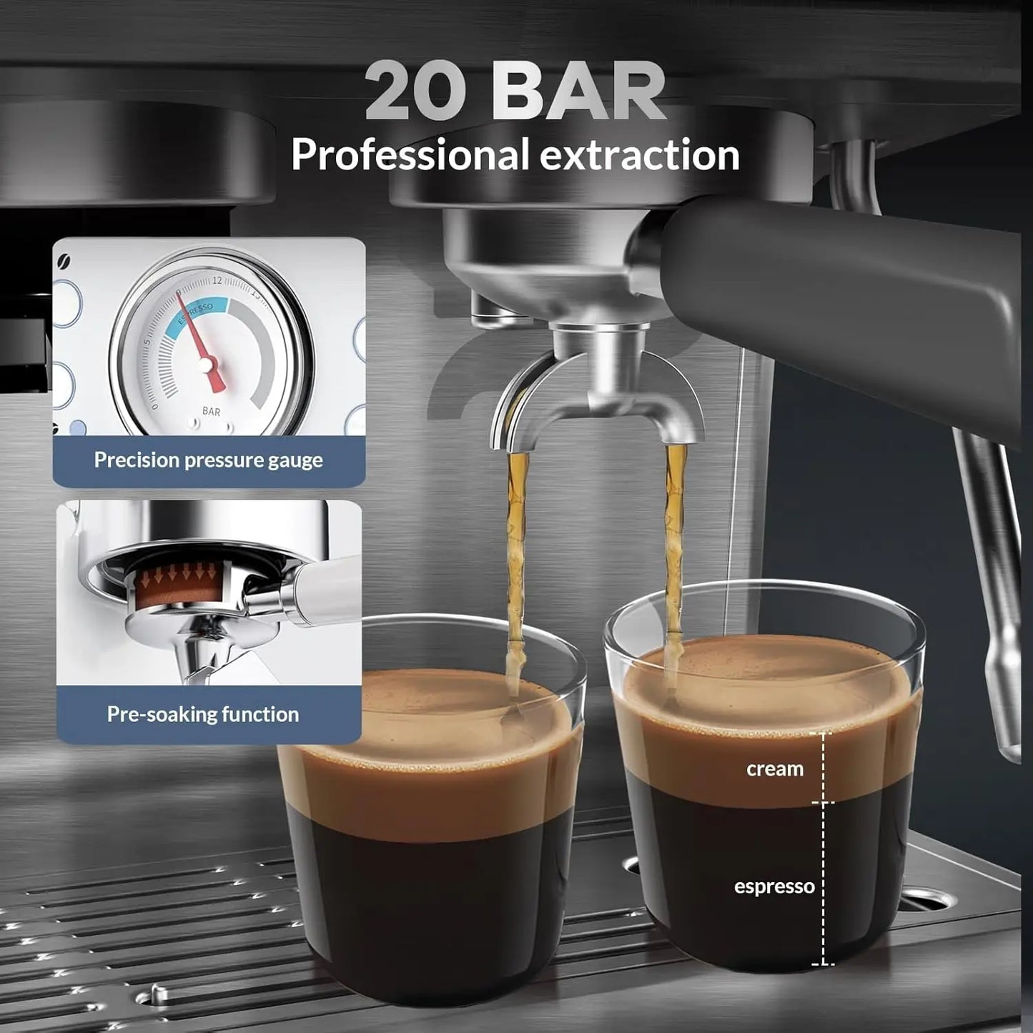 20 Bar Semi Automatic Espresso Machine With Grinder Steam Wand 30 Settings