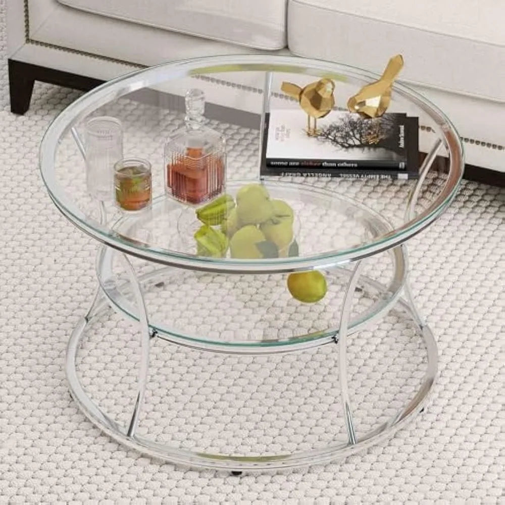 O&K FURNITURE Glass Coffee Table, 2-Tier Modern Living Room Table with Shelf, Tempered Glass & Chrome Frame, Silver Center Table