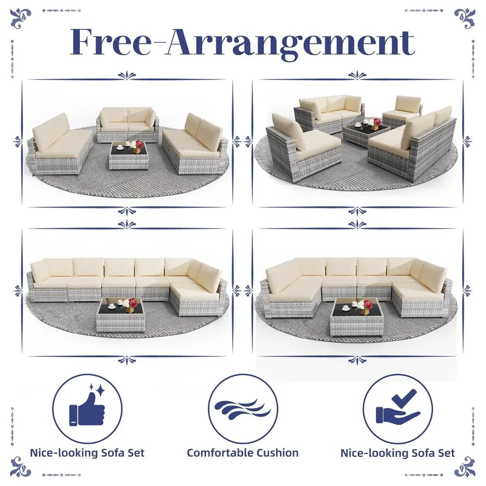 7 Pack All Weather PE Rattan Modular Sectional Conversation Patio Set, Custom