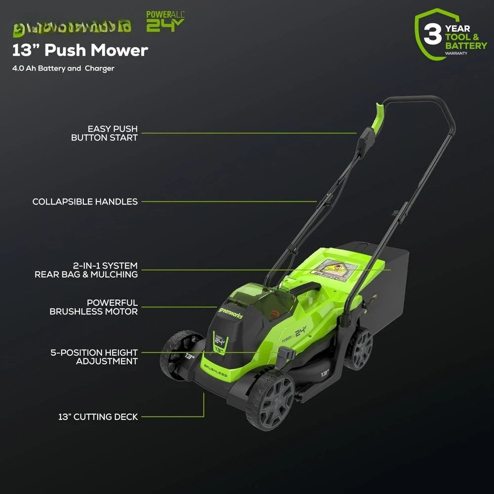 24V 13" Brushless Cordless (Push) Lawn Mower, 4.0Ah Battery and Charger Included,Walk-Bchind Lawn Mowers