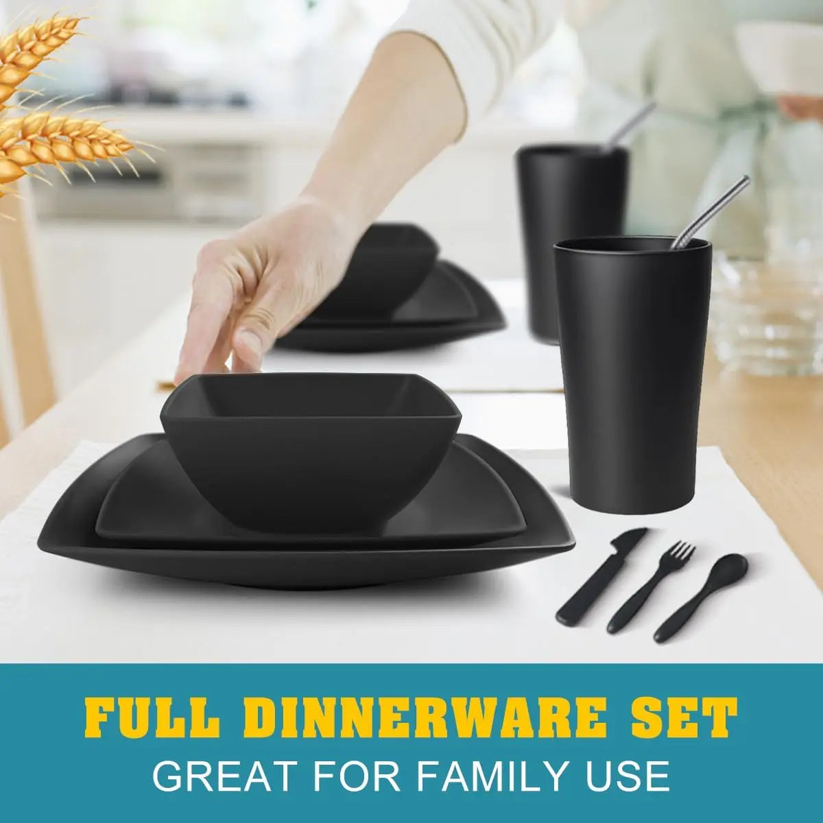 Square 40 Piece Plastic Dinnerware Set For 4 Unbreakable Dishwasher Safe Black