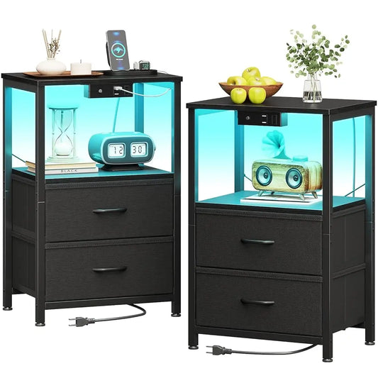 Nightstand Set Of 2 With Charger Station USB Ports