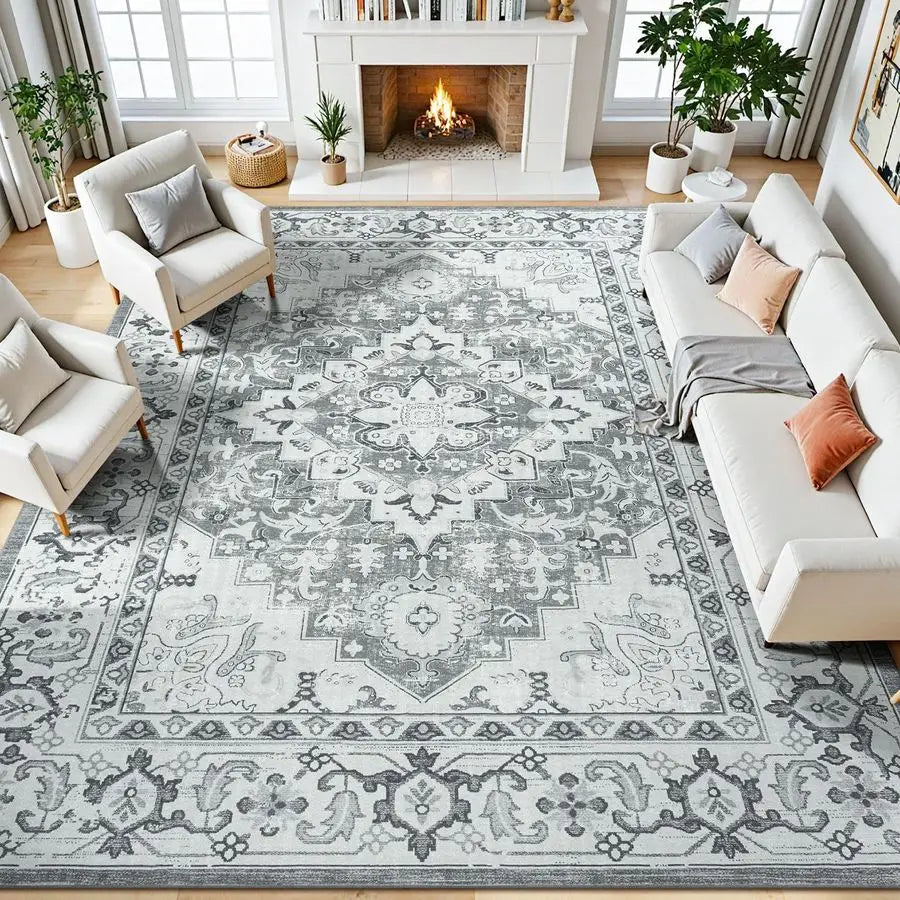 8x10 Area Rug Boho Floral Medallion Vintage Faux Wool Low Pile Machine Washable