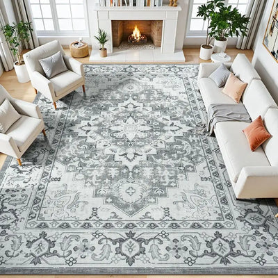 8x10 Area Rug Boho Floral Medallion Vintage Faux Wool Low Pile Machine Washable