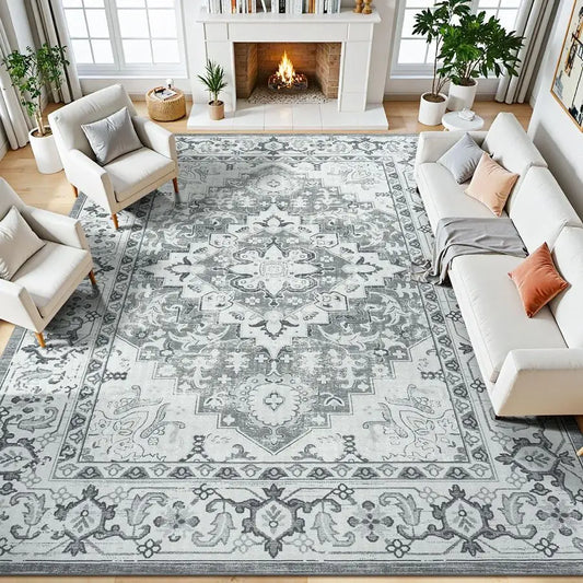 8x10 Area Rug Boho Floral Medallion Vintage Faux Wool Low Pile Machine Washable