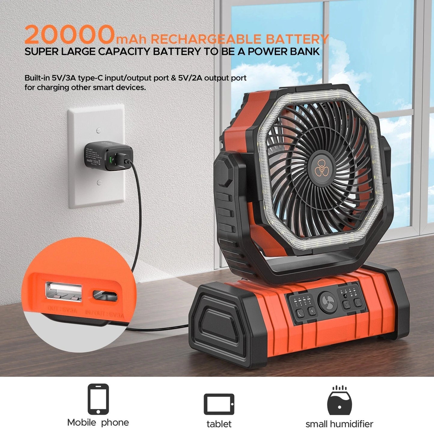 Camping Fan 20000mAh Battery Powered Fan Rechargeable with LED Light Portable Outdoor Tent Fan with Hanging Hook