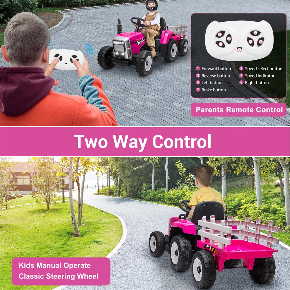12V Kids Electric Ride On Tractor With Trailer Remote Control For Ages 3 To 8