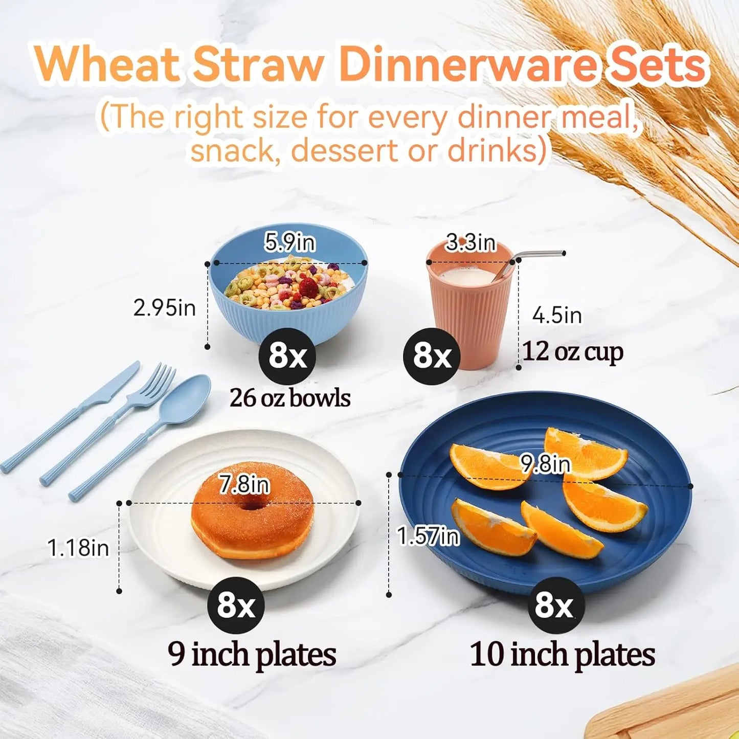64-Piece Black Wheat Straw Dinnerware Set For 8 Plates Bowls Dishwasher Safe