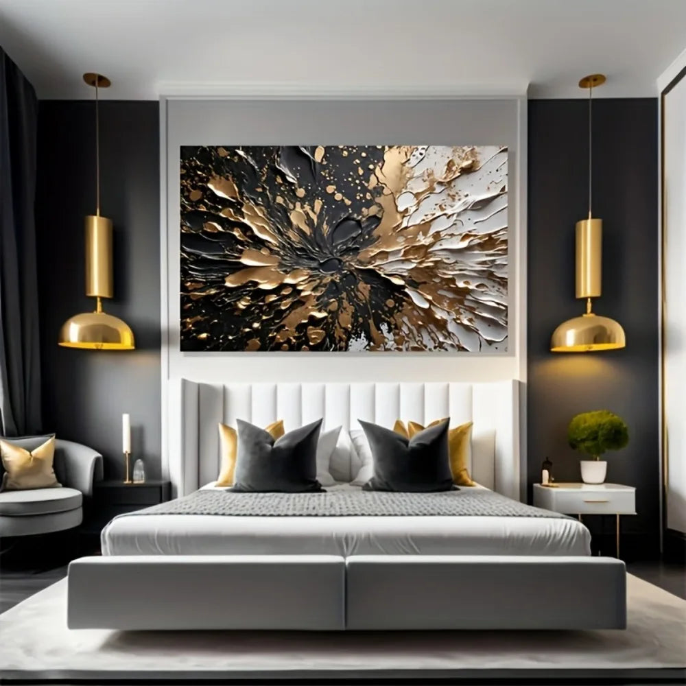 Modern Abstract Black Gold Ink Splash Wall Mural Pine Frame