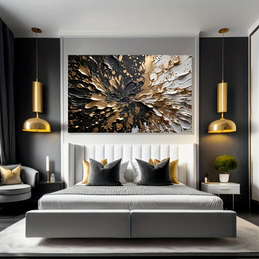 Modern Abstract Black Gold Ink Splash Wall Mural Pine Frame