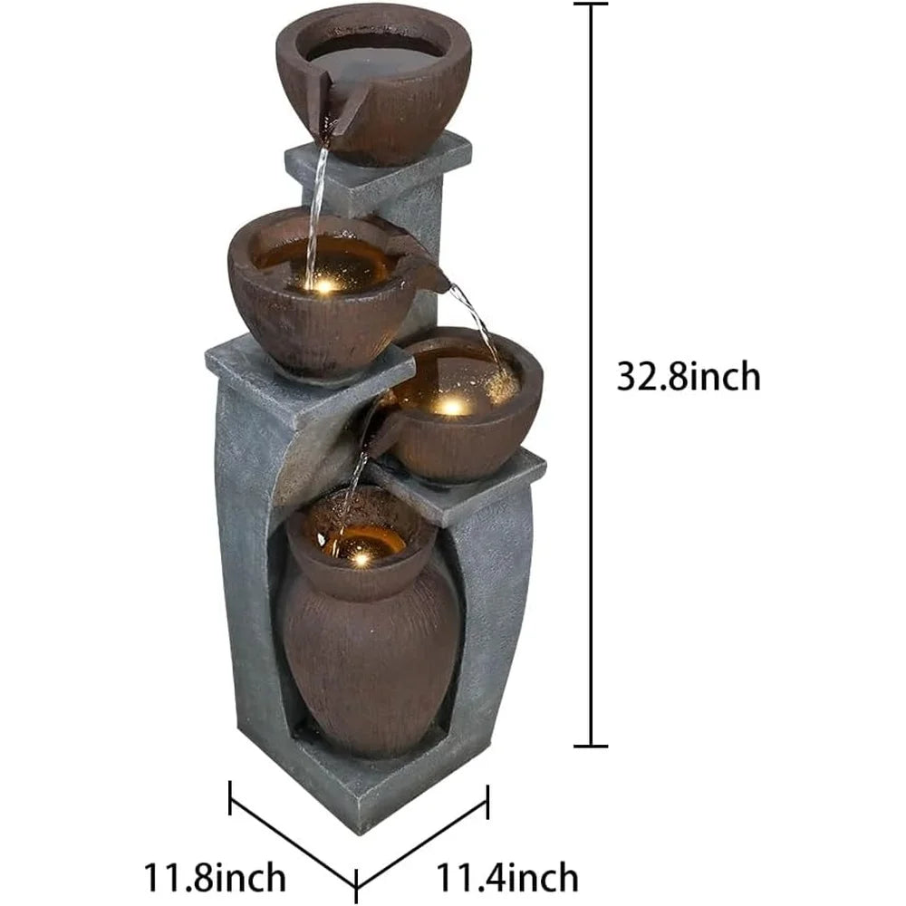 32.8in 4 Tier Indoor Outdoor Water Fountain LED Lights Resin Garden Water Feature Relaxing Soundscape Home Decor Patio