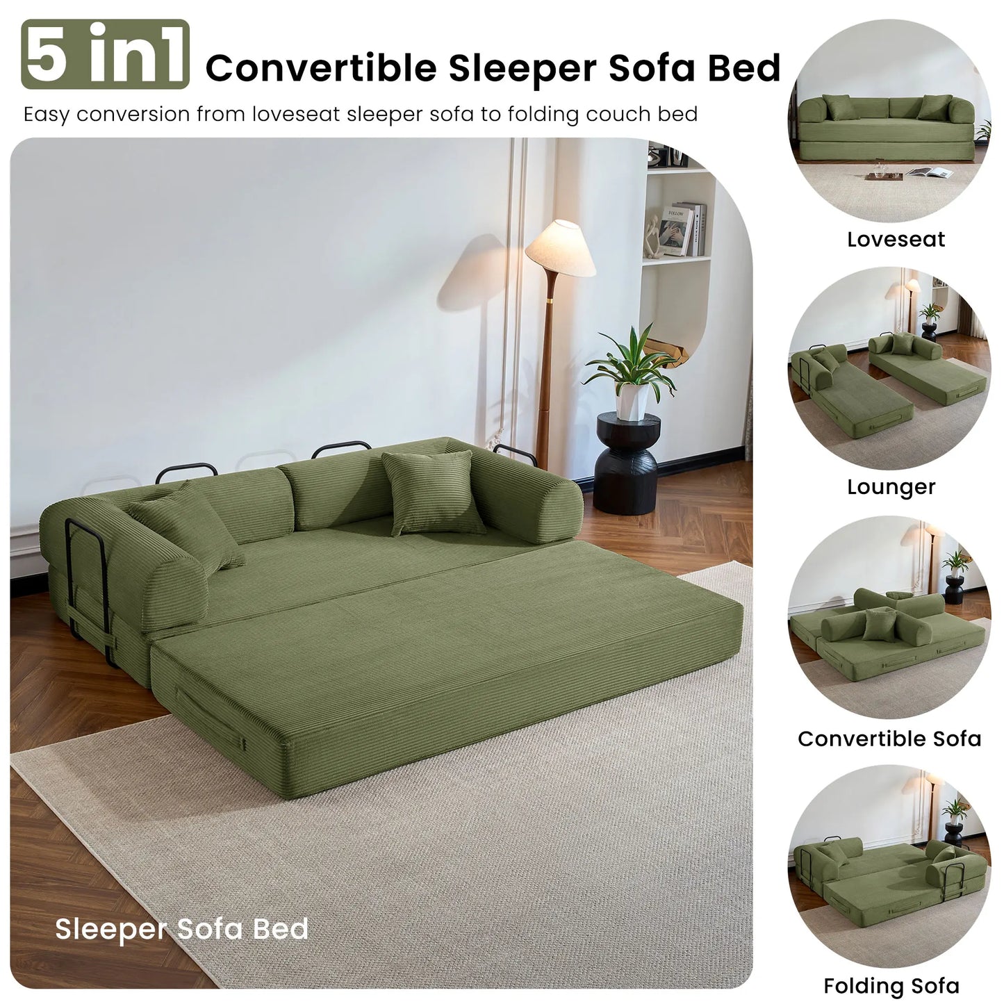 79 Inch Folding Sofa Bed Corduroy Upholstered Loveseat Sleeper For Living Room