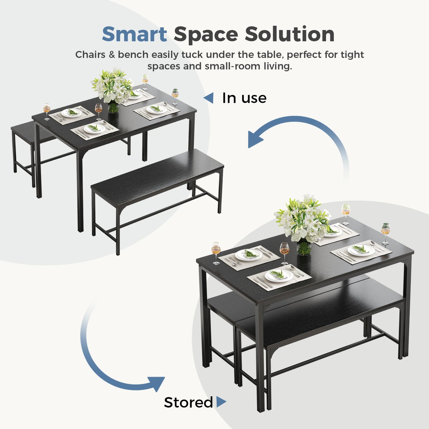 JHK 3Pcs Table And Chair Set Wooden Desktop Metal Frame Space Saving 4 People