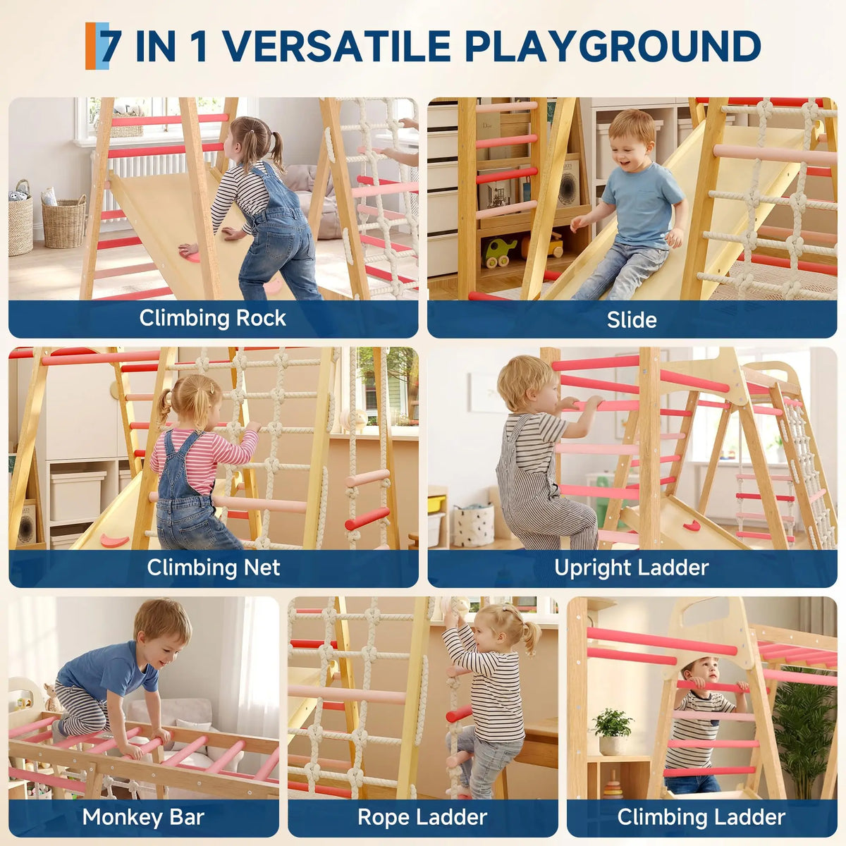 Foldable Wooden Climbing Triangle 7 In 1 Indoor Play Set For Kids Age 3