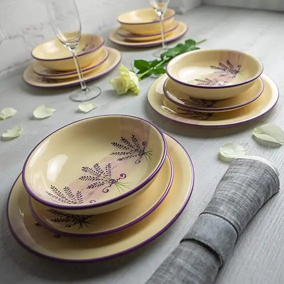 Purple And Cream Handmade Lavender Floral 12 Piece Ceramic Dinnerware Set For 4
