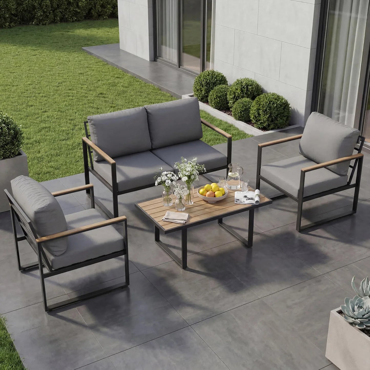 Modern 4 Piece Patio Furniture Set With Conversation Sofa And Coffee Table