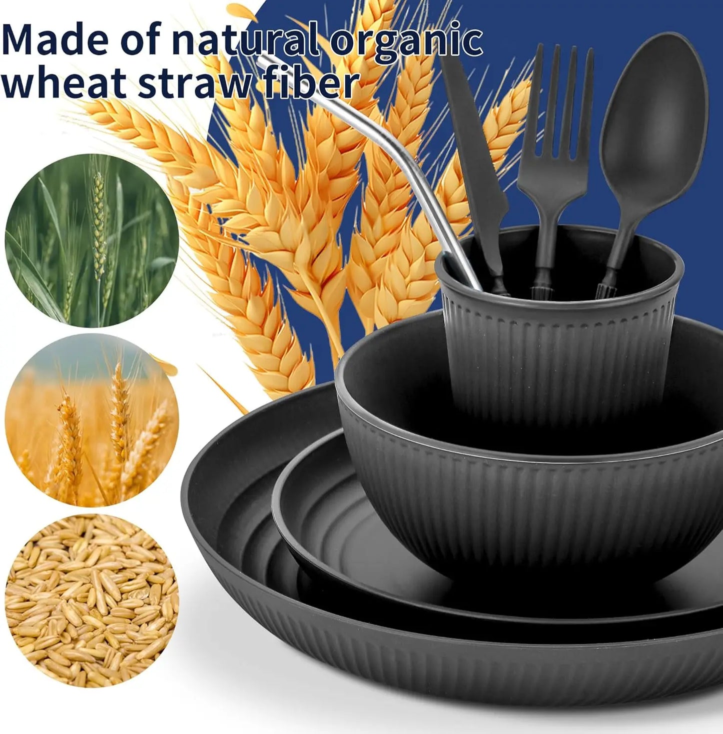 64-Piece Black Wheat Straw Dinnerware Set For 8 Plates Bowls Dishwasher Safe