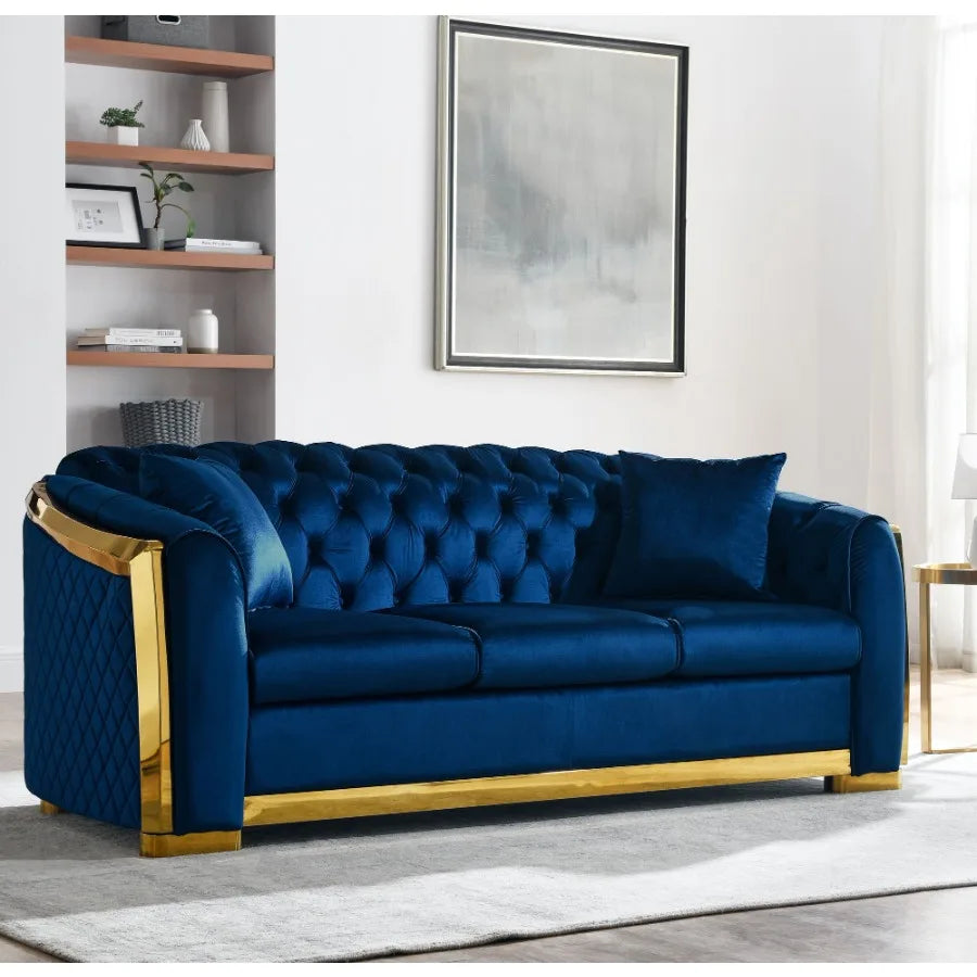 Velvet Chesterfield Sofa Set 3 Seat Tufted 84Inch Navy Blue