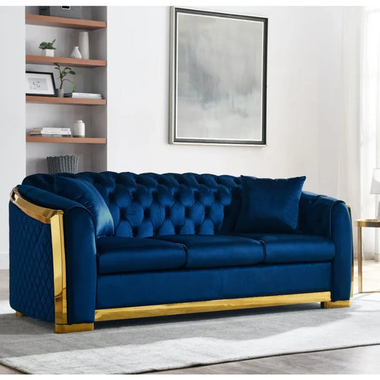 Velvet Chesterfield Sofa Set 3 Seat Tufted 84Inch Navy Blue