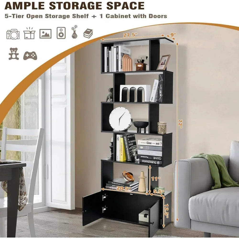 6-Tier Tall Bookcase with Cabinet, Anti-Tipping, Home Storage Organizer, Geometric Style