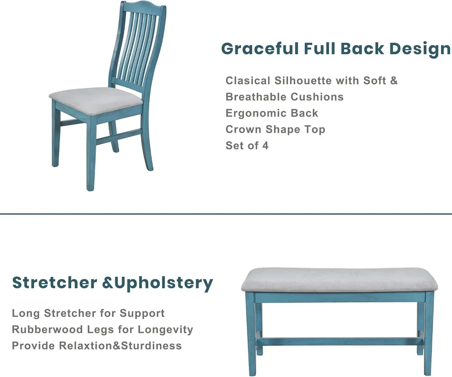Dining Table Set for 6 with Chairs Blue Farmhouse Style