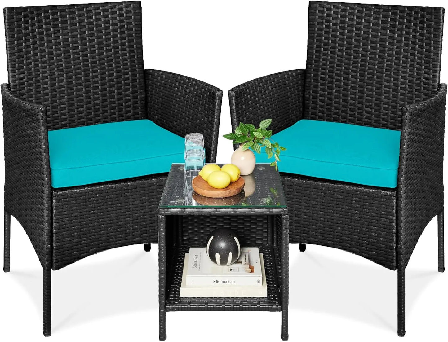 3-Piece Outdoor Wicker Conversation Bistro Set, Space Saving Patio Furniture for Garden w/Side Table