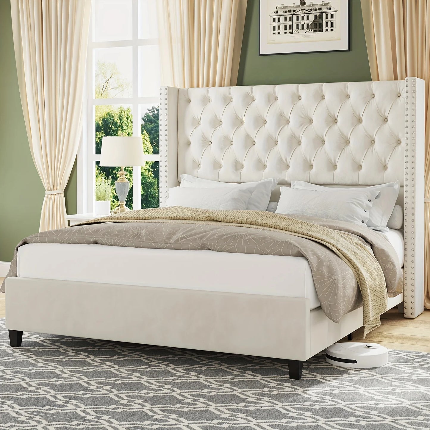 Papajet Velvet Bed Frame With 51.6 Inch Wingback Headboard Nailhead Detailing