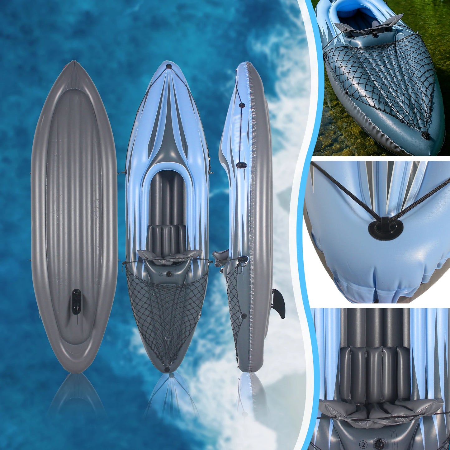 Blue Inflatable One Person Kayak Fishing Paddles Bag Seats High Output Pump Fin