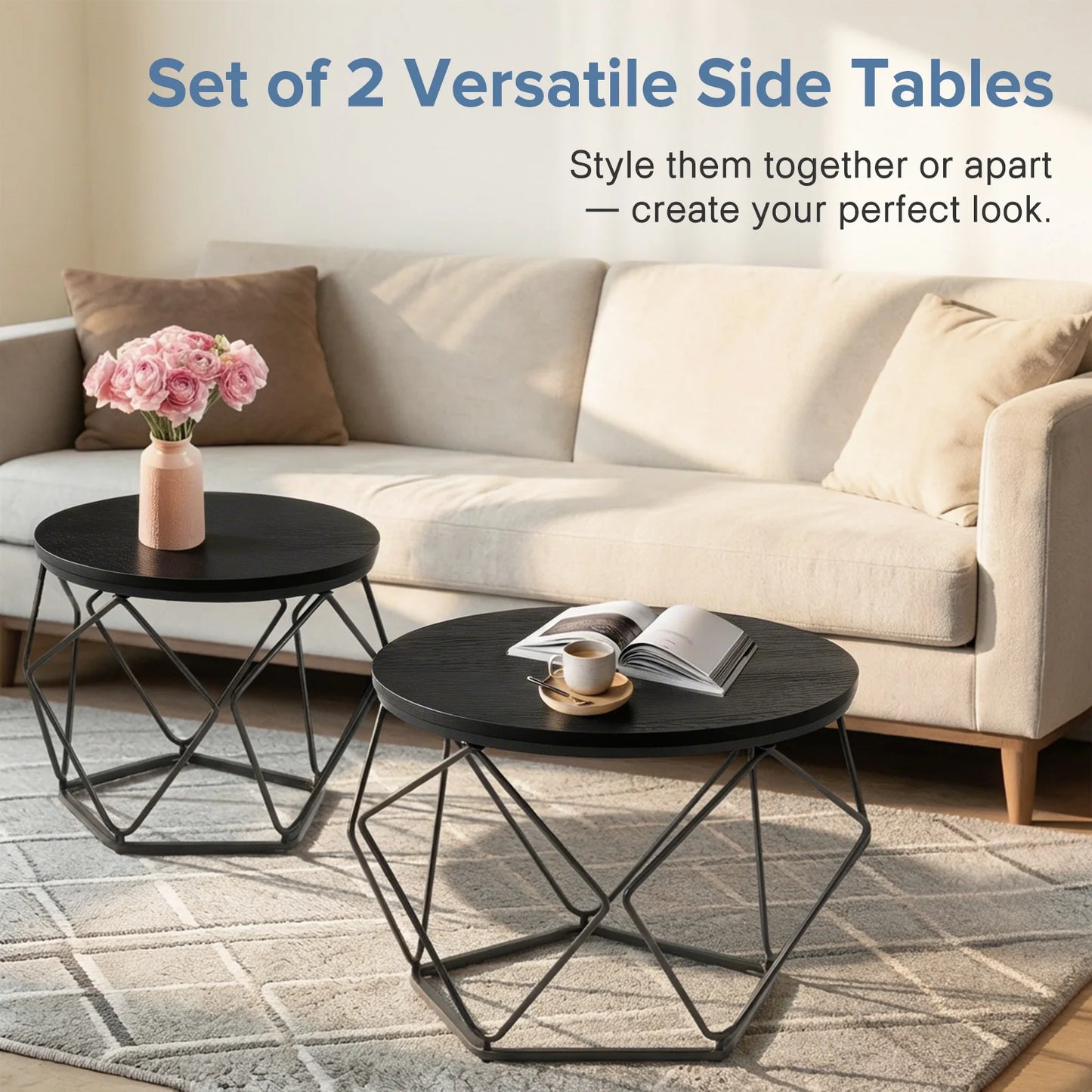 20 Inch Round Geometric Metal Coffee Table Set Of 2 Nesting Side Tables