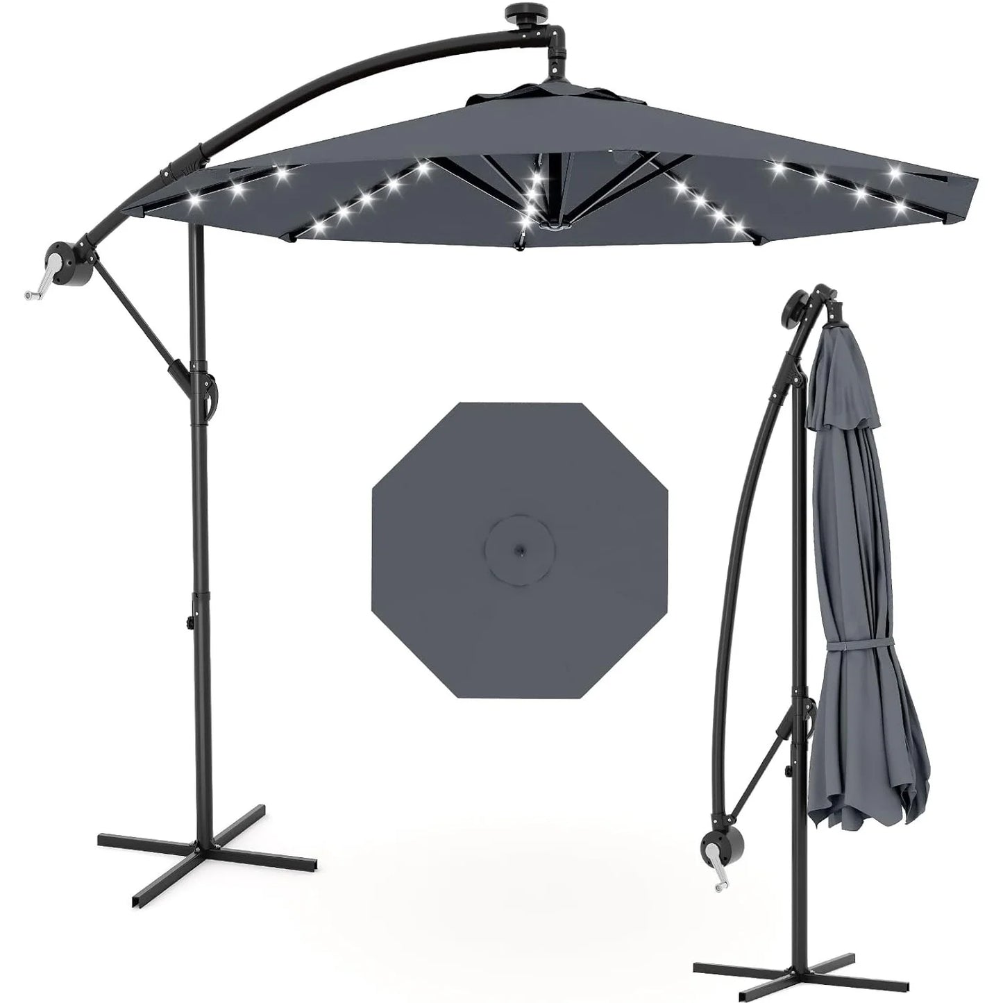 10Ft Cantilever Offset Patio Umbrella With Solar LED Lights